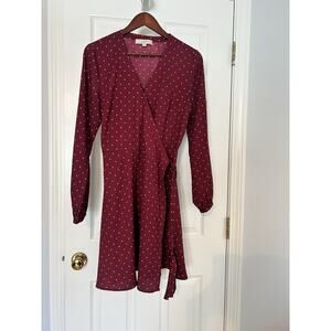LOFT Burgundy Star Print Wrap Dress Size 10 Long Sleeve V Neck Knee Length